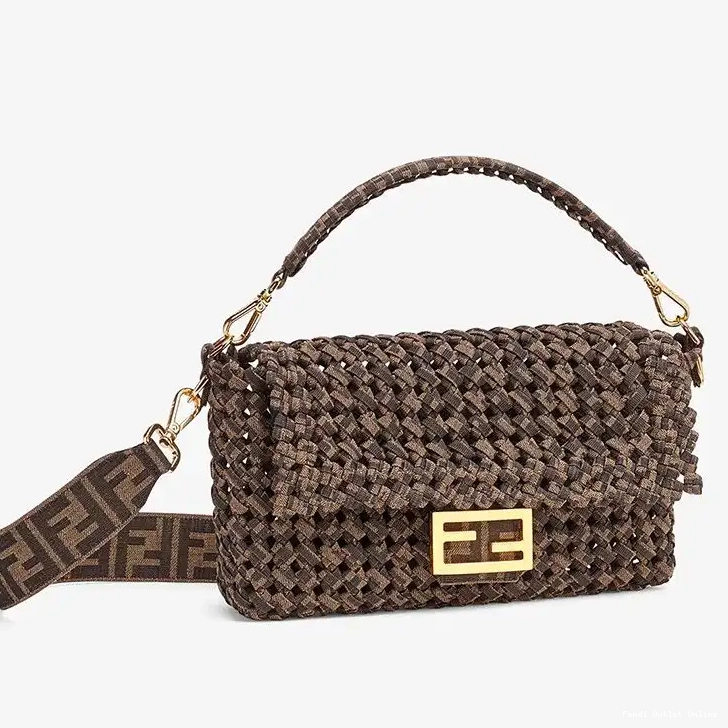 Cheap In Fabric Bag Fendi Coffee Medium Baguette Interlace 0520